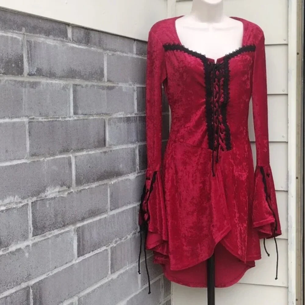 90s Lip Service Hi Low Red Velvet Laced Top with Bell Sleeves Small - Picture 8 of 14